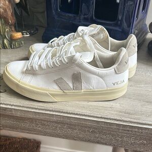 Veja White Leather Sneakers with Beige Accents